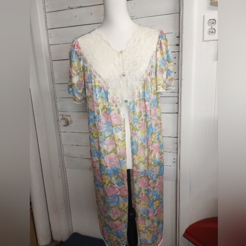 Vintage Vassarette Floral Robe Coverup Lingerie Lace Women's Medium Short Sleeve